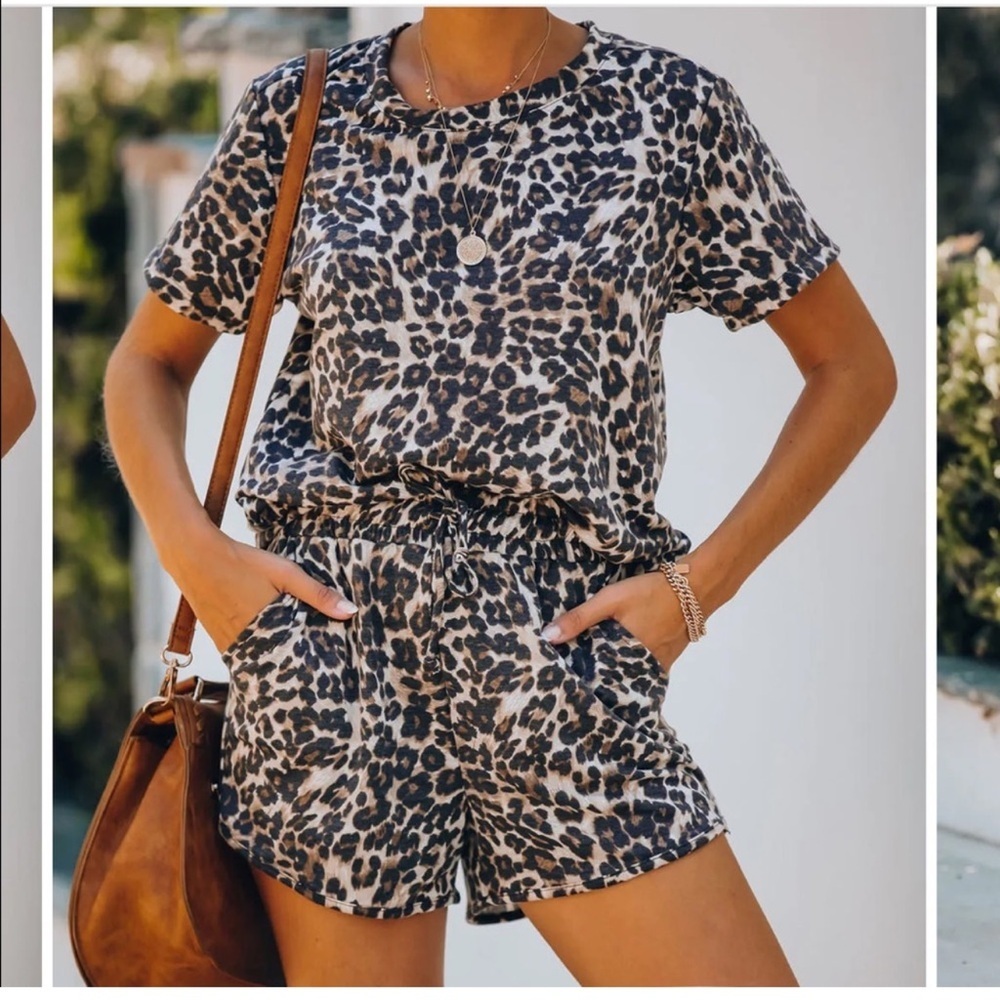 Gilli Leopard Print Two Piece Lounge Set 2X Matching Shorts Tee Casual Summer